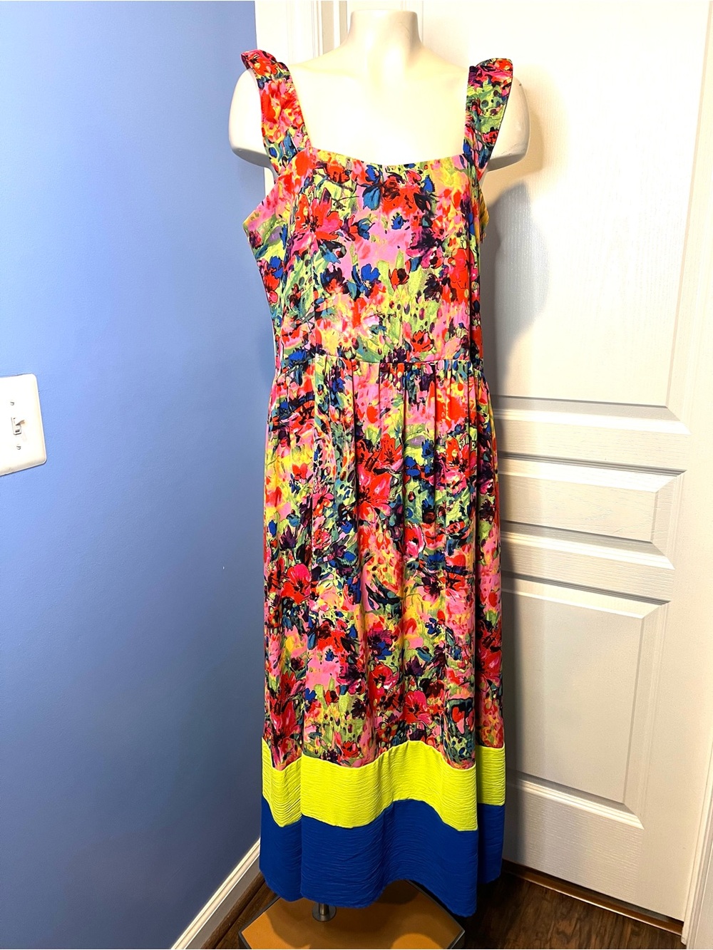 Bright Floral Maxi Dress with Neon and Royal Trim size L